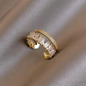 * NEW Luxury Elegant Gold Cubic Zirconia Diamond Double Layer Open Minimali Ring
